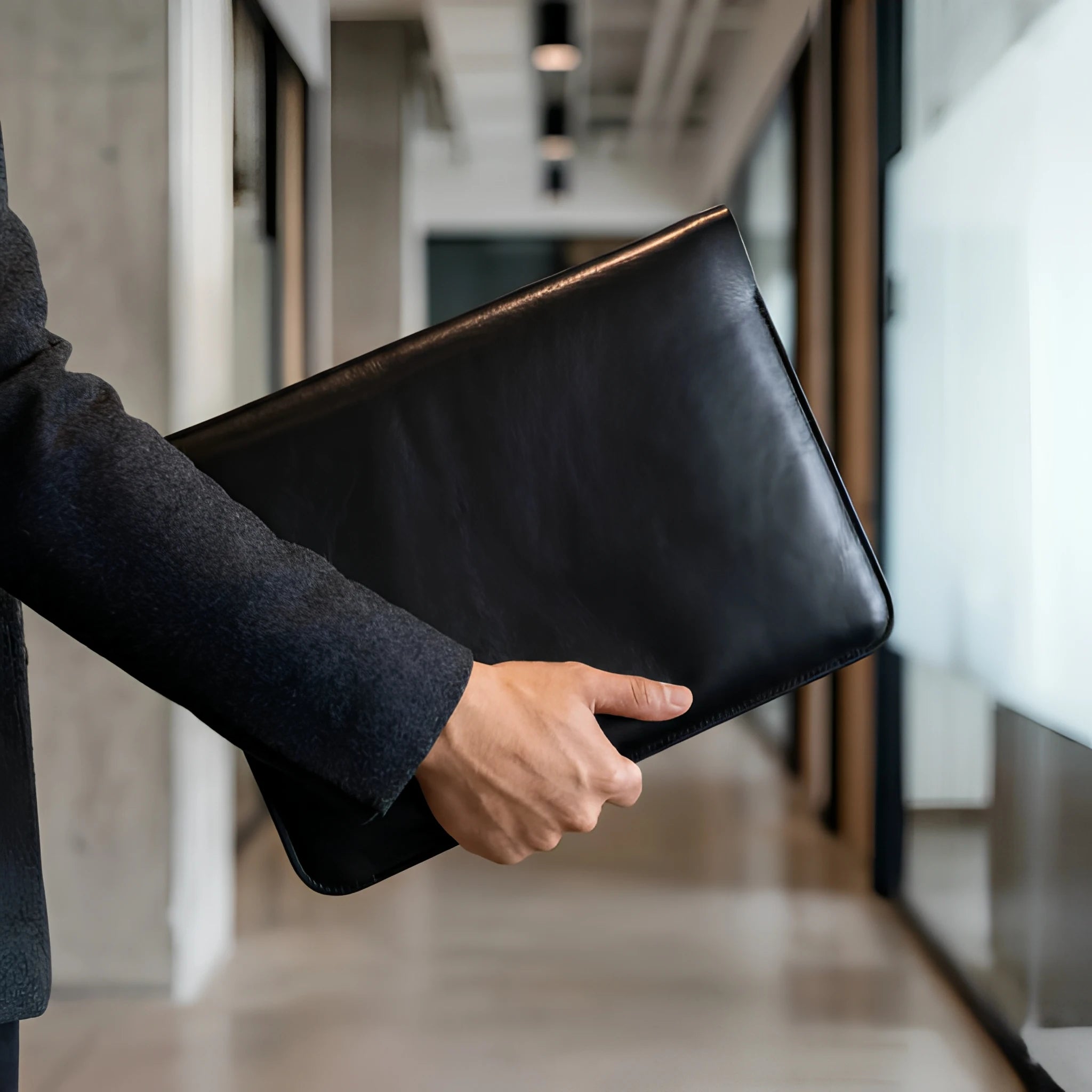 LeatherStand black sleeve held in office