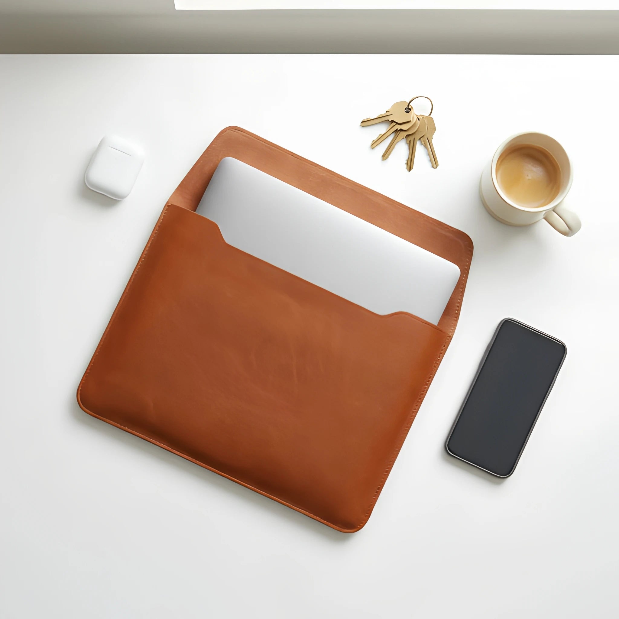 LeatherStand brown flat lay with accessories