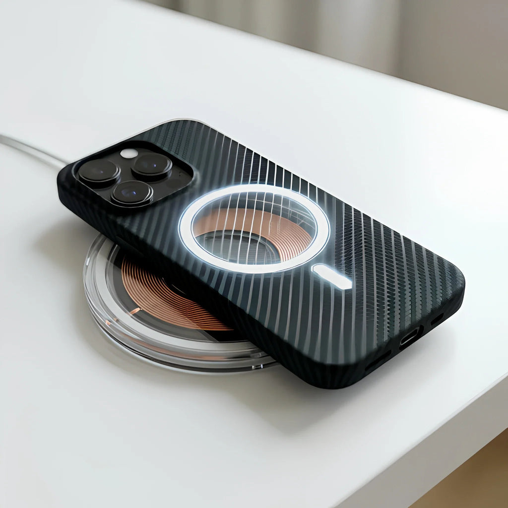 TechSnap CarbonShield Pro on TechSnap Qi2 magnetic wireless charger demonstrating MagSafe attachment
