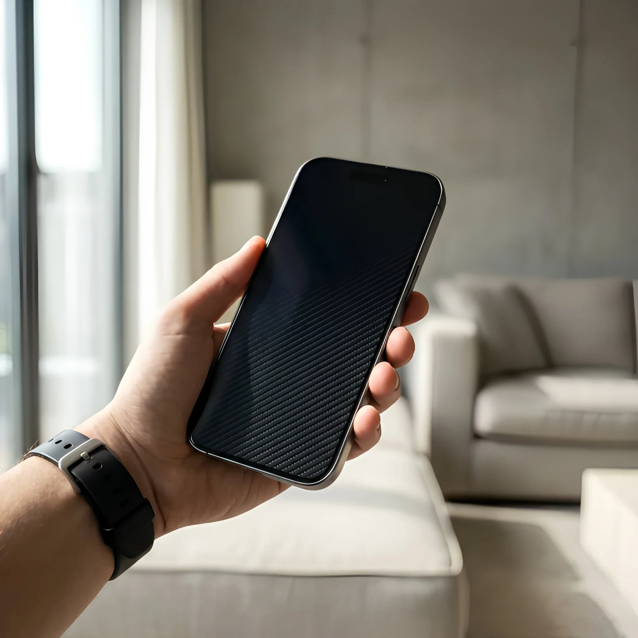 TechSnap CarbonShield Pro held in hand showing slim profile in modern living room