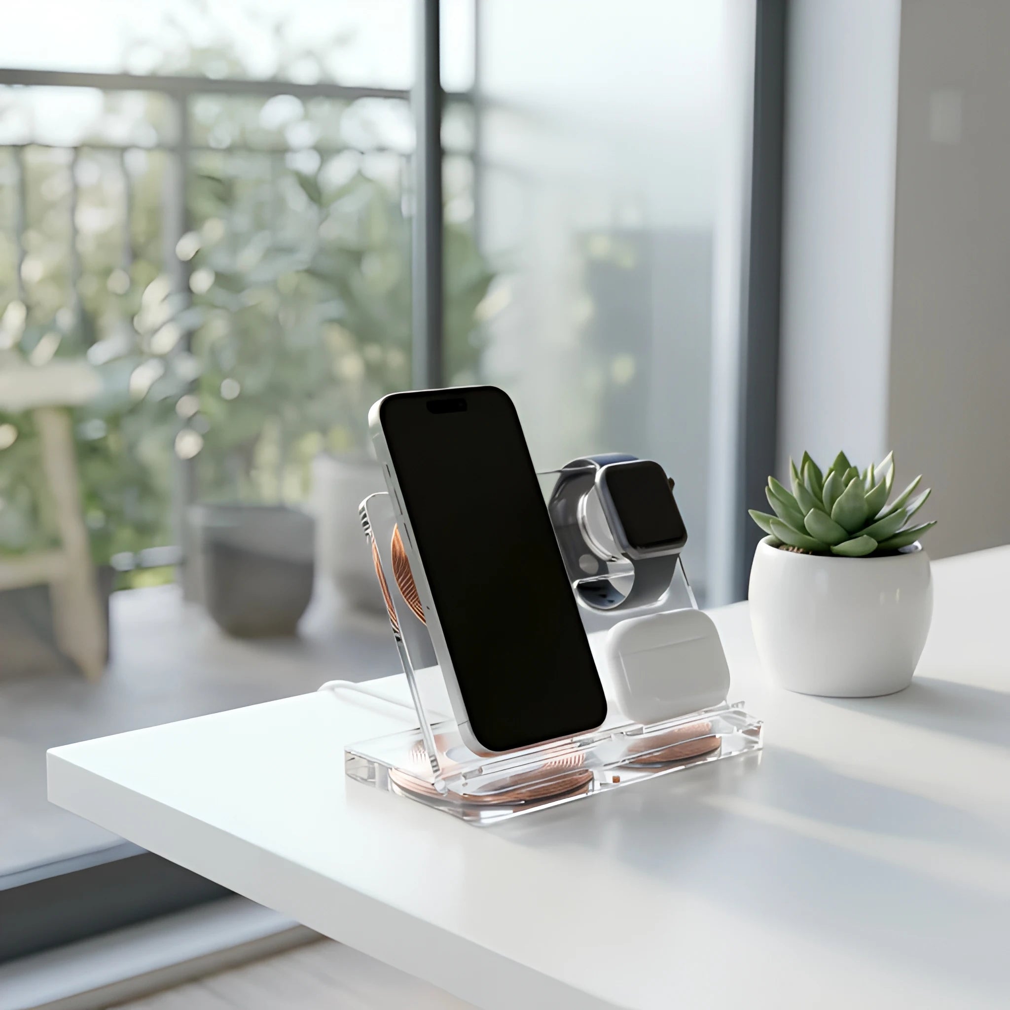TechSnap Elite Qi2 charging station lifestyle on a sunlit modern white desk